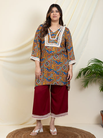 Geometrical Printed Kurta With Palazzo Women Plus SIze Co-Ord Set