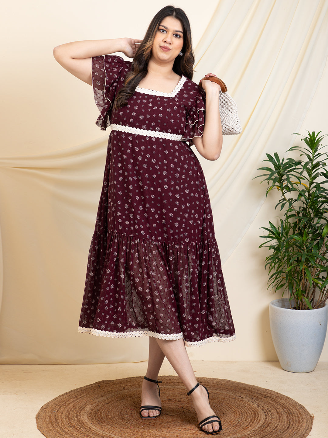 Women Wine Floral Printed Tiered Ankle Length Plus Size Dress