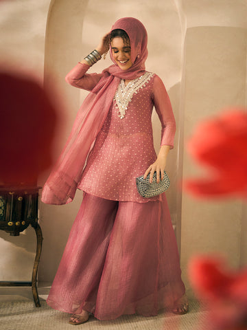 Pink Shimmer Crushed Butti Work Kurta With Palazzo With Dupatta Indo Western Women 3 Piece Set