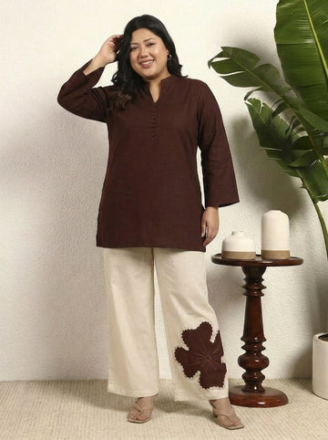 Embroidered Patch Work Women's Plus Size Co-Ord Set Flex Kurta with Ankle Length Palazzos Mandarin Collar Co-ord Set