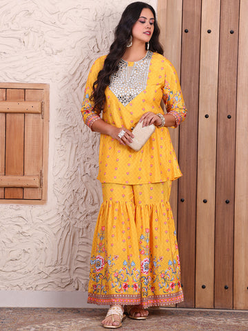 Ethnic Printed Embroidered Kurti & Sharara Indo Western Women Co-ord Set