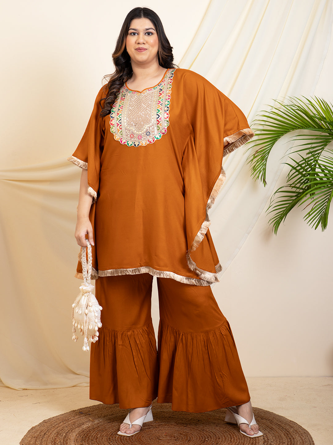 Tan Brown Embroidered Neck Kaftan With Sharara Women Plus Size Co-Ord Set