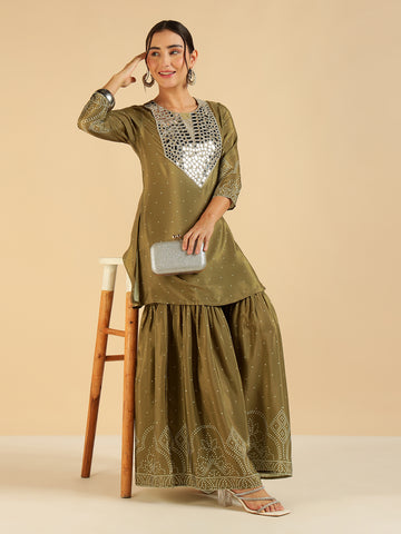 Olive Green Bandhani Printed Kurti With Sharara Fusion Women Co-Ord Set