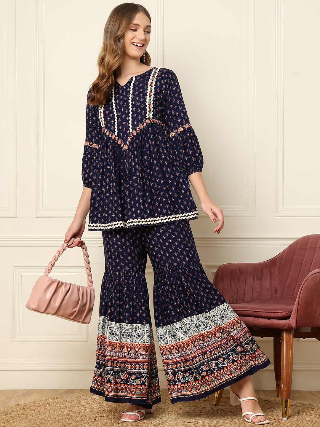 Navy Blue Printed Peplum Top With Sharara Women Indo Western Co-Ord Sets