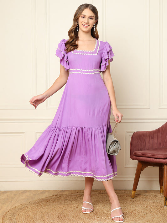 Lavender Squared Neck Tiered Women Dress