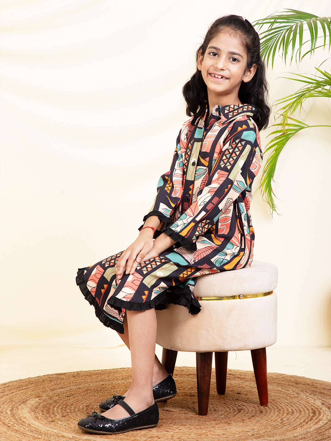 Abstract Printed Girls Shirt Dress With Frill