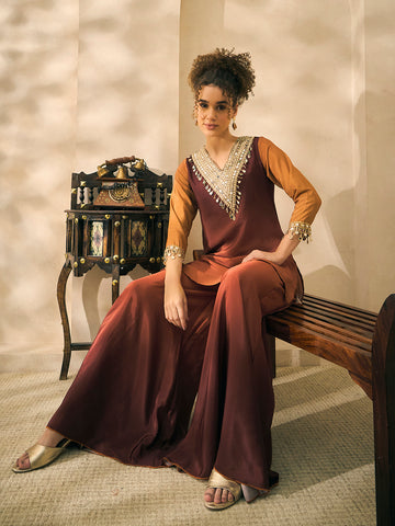 Brown Ombre Printed Kurta With Palazzo Women Co-Ord Set