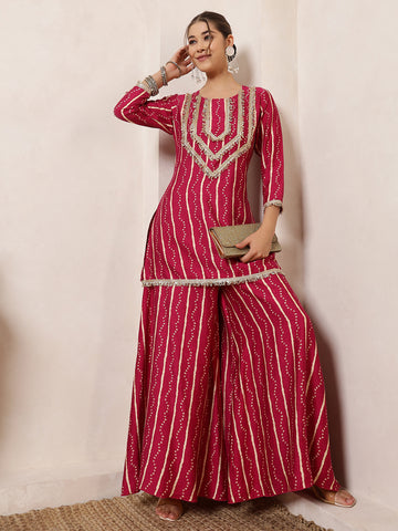 Magenta Bandhani Printed Kurti With Palazzo Indo Western Women Co-Ord Set