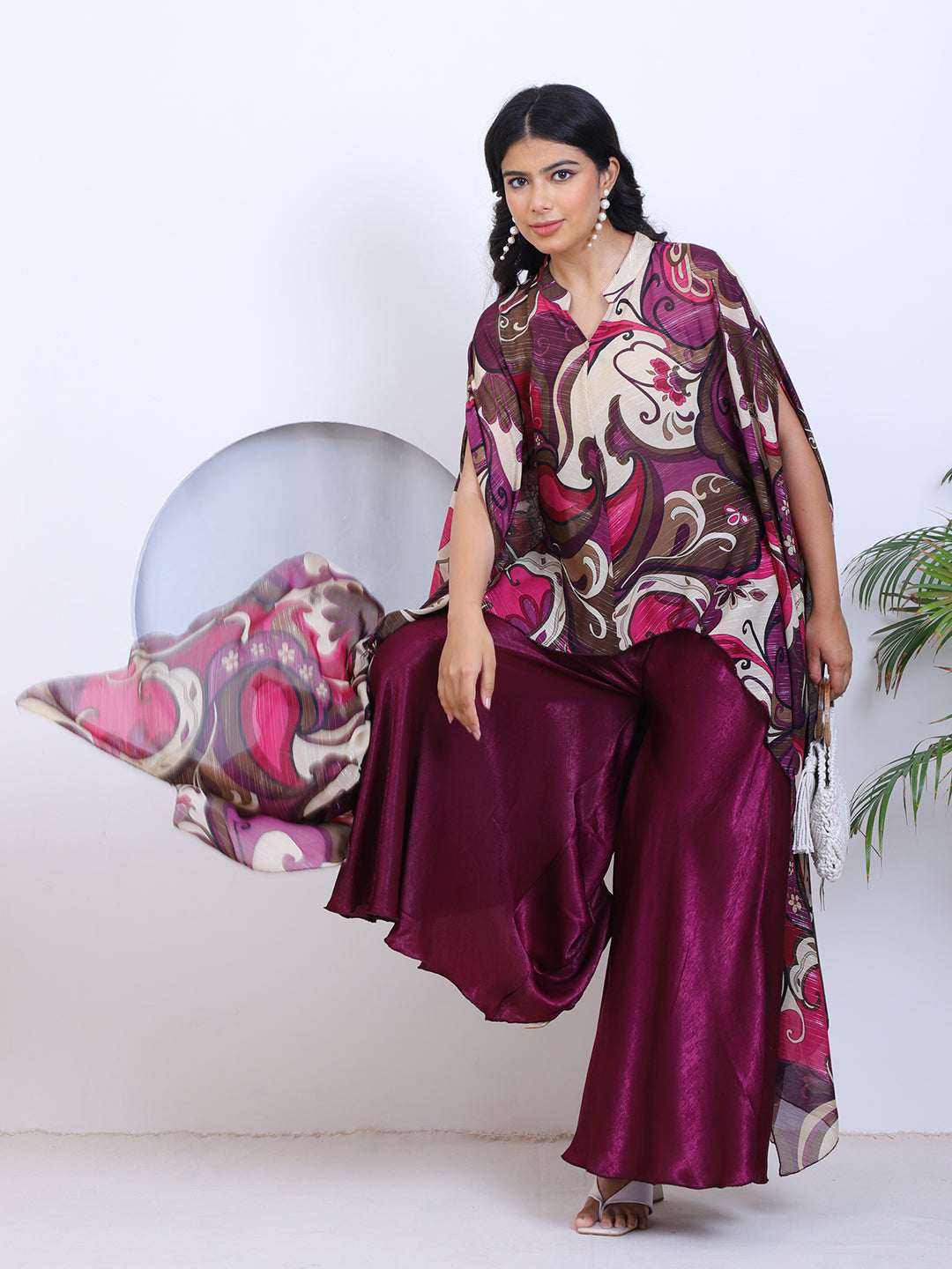 Wine Abstract Printed Ethnic Indo Western Women Co-Ord Set