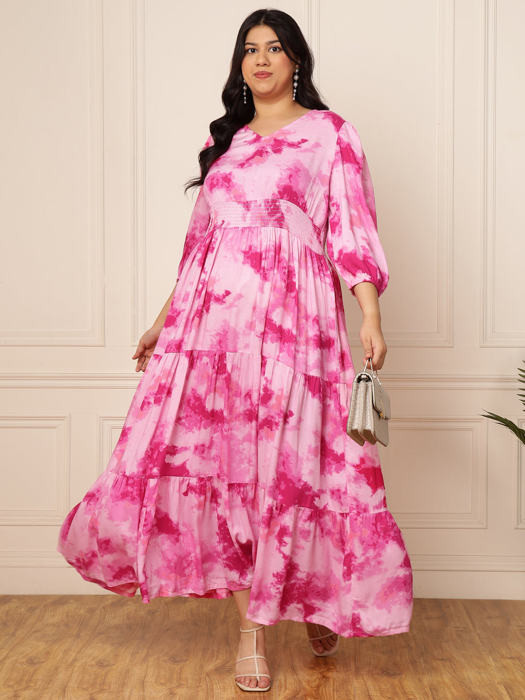 Women's Plus Size Pink Tie and Dye Printed Tiered Maxi Dress