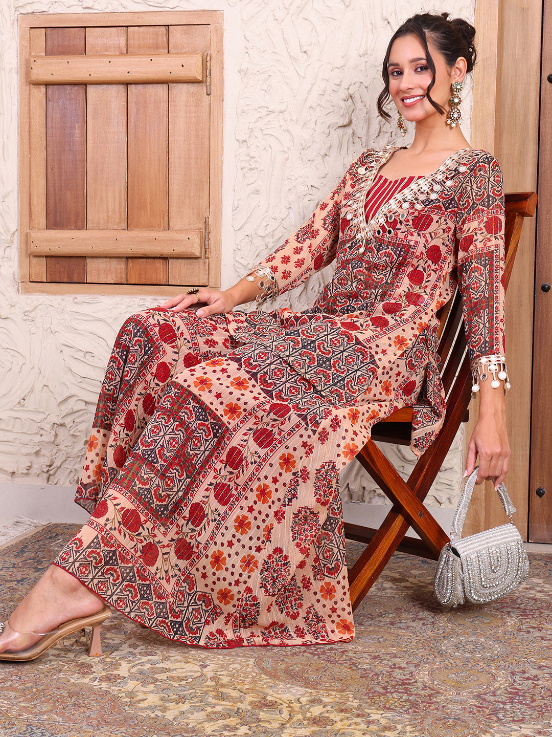 Maroon Patch Print Pure Chiffon Lurex Indo Western Women Co-ord Set