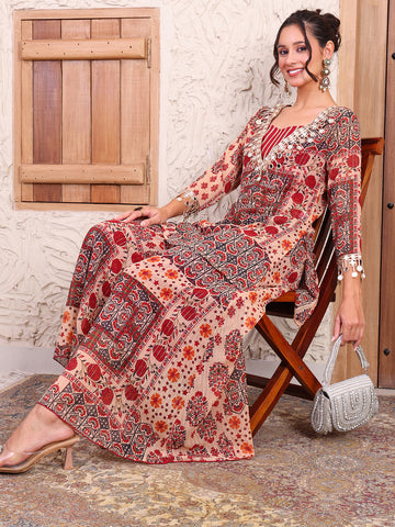 Maroon Patch Print Pure Chiffon Lurex Indo Western Women Co-ord Set