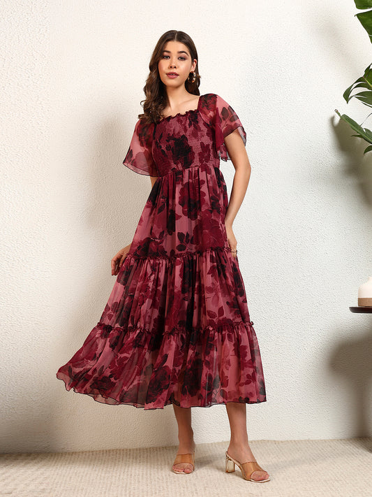 Wine Chiffon Floral Smocked Tiered Womens Dress