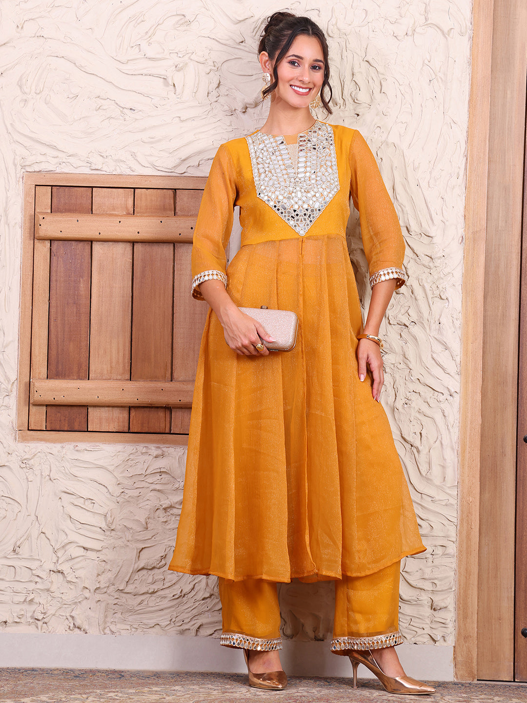 Embroidered Mustard Anarkali Tunic With Palazzo Women Co-ord Set