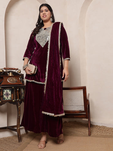 Velvet Wine Kurti Embroidered Neck Patch Sharara With Dupatta Women Indo Western Women Co-Ord Set