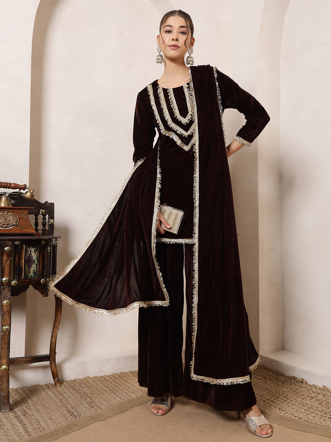 Brown Velvet Kurti With Palazzo With Dupatta Indo Western Women 3 Piece Set