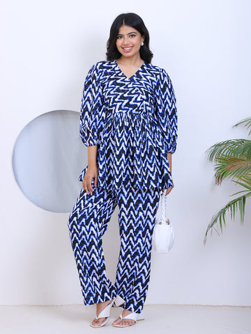 Women's Blue V-Neck Rayon Co-Ord Set