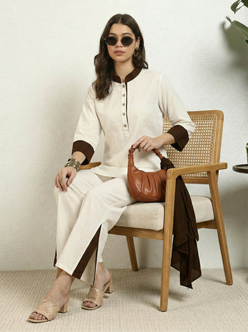 Off White Cotton Kurta With Slit Pant Women Co-ord Set