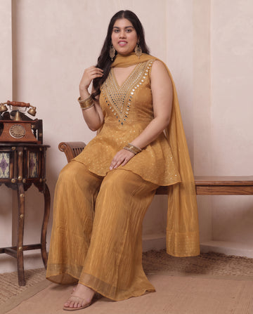Shimmer Golden Butti Work Peplum Top & Palazzo With Dupatta Indo Western Women's Plus Size 3 Piece Set