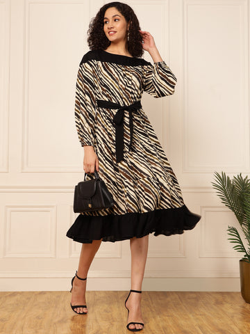 Diagonal Striped With Black Women Tiered Dress