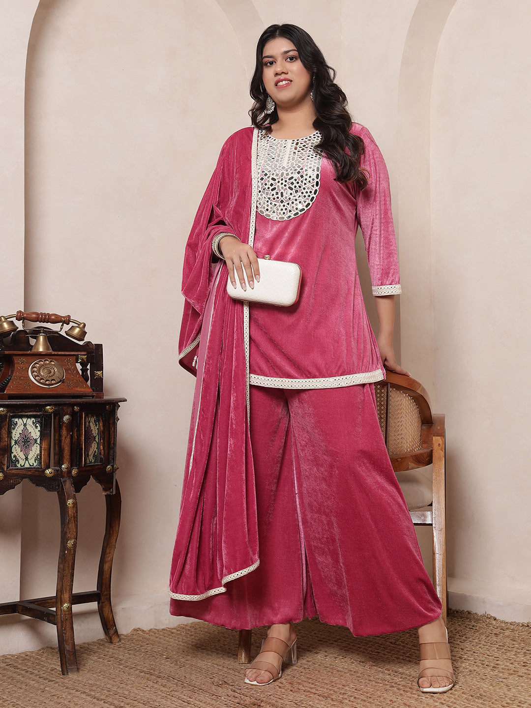 Velvet Pink Kurti Embroidered Neck Patch Sharara With Dupatta Women Indo Western Women Co-Ord Set