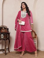 Velvet Pink Kurti Embroidered Neck Patch Sharara With Dupatta Women Indo Western Women Co-Ord Set