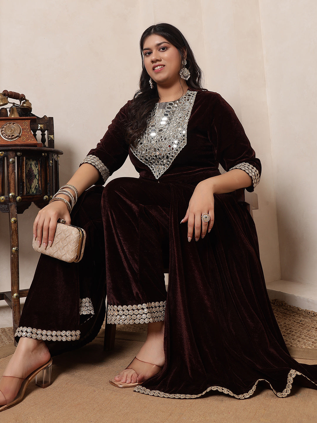Velvet Brown Anarkali Tunic With Embroidered Neck Patch Tunic With Palazzo Women Indo Western Co-Ord Set