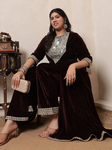 Velvet Brown Anarkali Tunic With Embroidered Neck Patch Tunic With Palazzo Women Indo Western Co-Ord Set