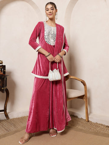Velvet Pink Kurti Embroidered Neck Patch Sharara With Dupatta Indo Western Women Co-Ord Set