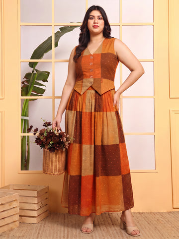 Multicolor Cotton Patch Printed Waistcoat With Skirt Women's Plus SizeCo-Ord Set