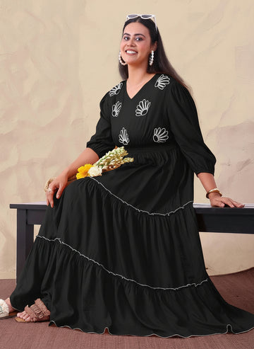 Black Pure Rayon Embroidered Tiered Maxi Dress