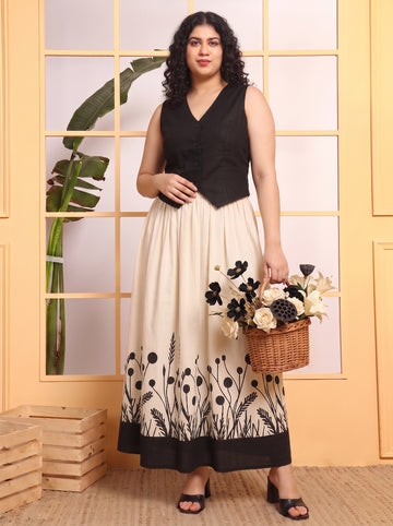 Black Cotton Solid With Floral Waistcoat With Skirt Women Plus Size Co-Ord Set
