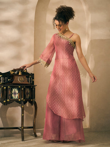 Pink Shimmer Crushed Butti Work One Shoulder Tunic With Palazzo Indo Western Women Co-ord Set