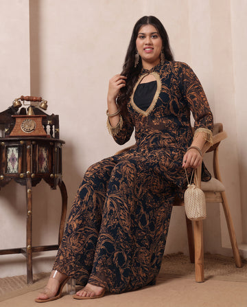 Black Chiffon Abstract Print Kurta & Palazzo With Bustier Indo Western Women's Plus Size 3 Piece Set