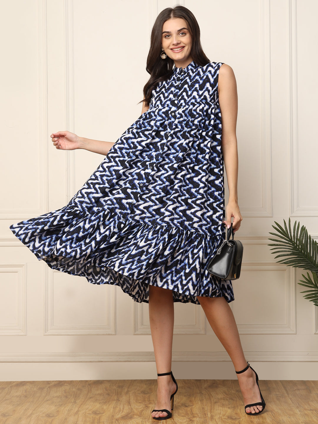 Blue Zig-Zag Printed Tiered Women Shirt Dress