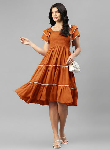 Tan Brown Tiered Rayon Women's Dress