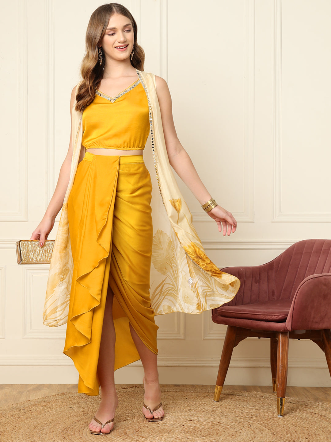 Yellow Crop Top And Printed Shrug With Dhoti Indo Western Women Co-Ord Set