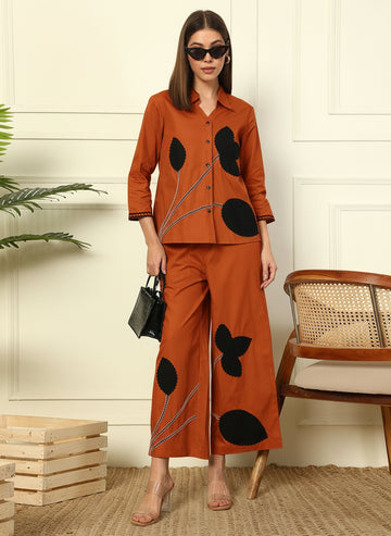 Tan SHIRT WITH PANTS LEAF PATCH WORK WOMEN CO-ORD SET