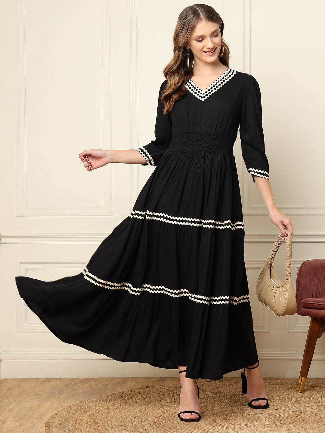 Black V-Neck Tiered Women Maxi Dress