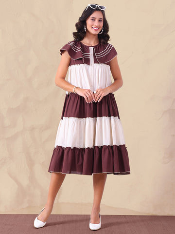 Color Blocked Pure Cotton Calf Length Women Tiered Dress