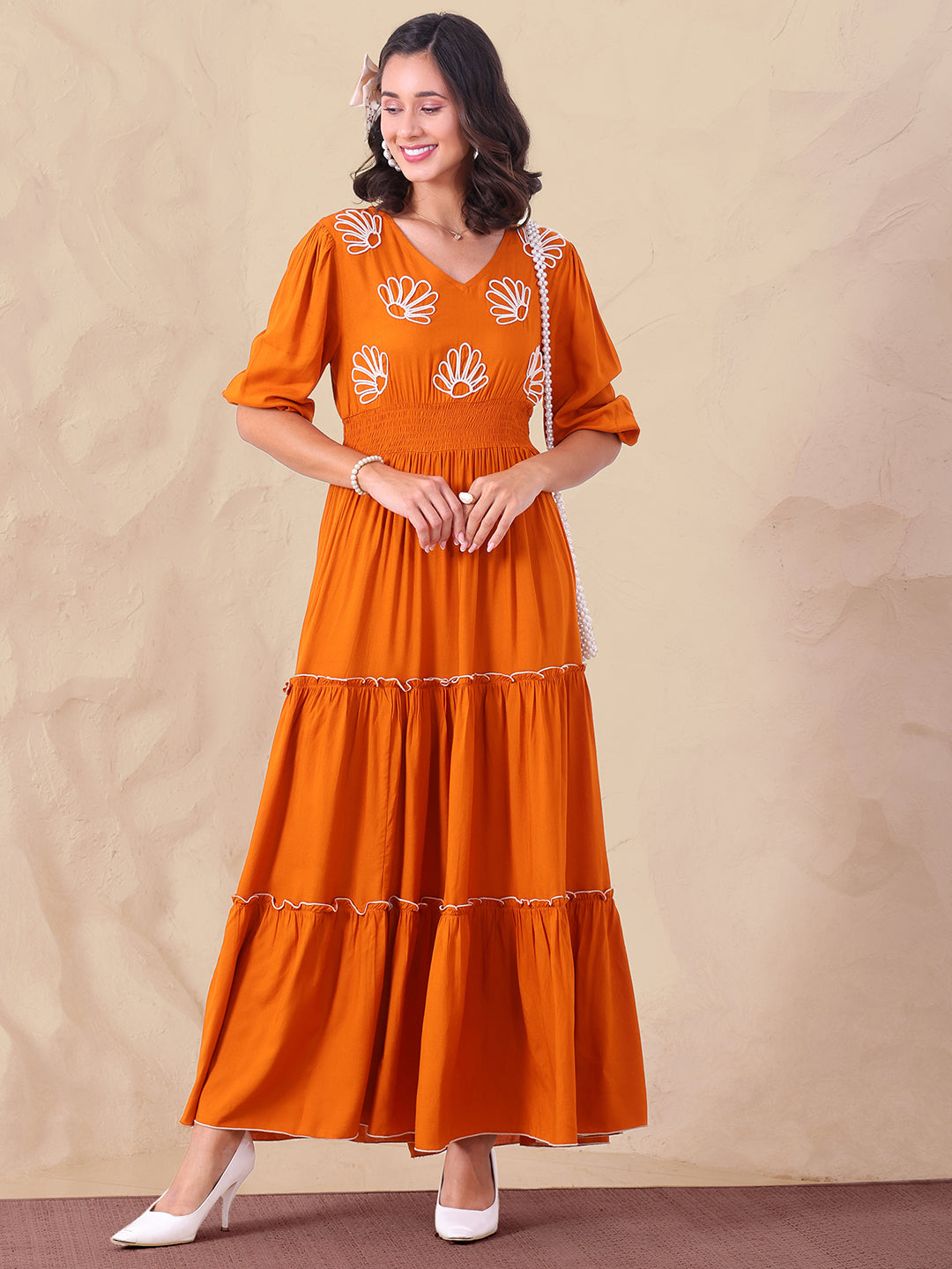 Tan Brown Pure Rayon Embroidered Maxi Tiered Dress