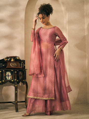 Boat Neck Long Tunic With Palazzo With Dupatta Women 3 Piece Set