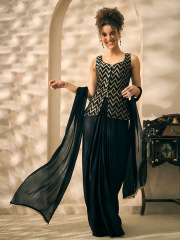 Scoop Neck Peplum Zigzag Embroidered Corset Top With Dhoti And Dupatta. Women Indo Western 3 Piece Set