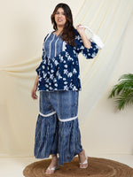 Indigo Printed Peplum Top With Sharara Women Plus SIze Co-Ord Set