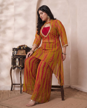 Chiffon Tie-Dye Print Kurta & Palazzo With Bustier Indo Western Women's Plus Size 3 Piece Set