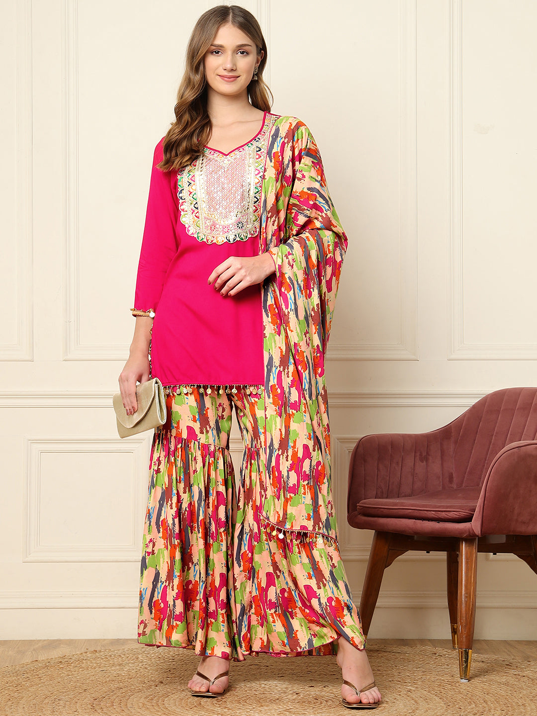 Magenta Kurti And Printed Sharara With Dupatta Women Indo Western Co-Ord Sets