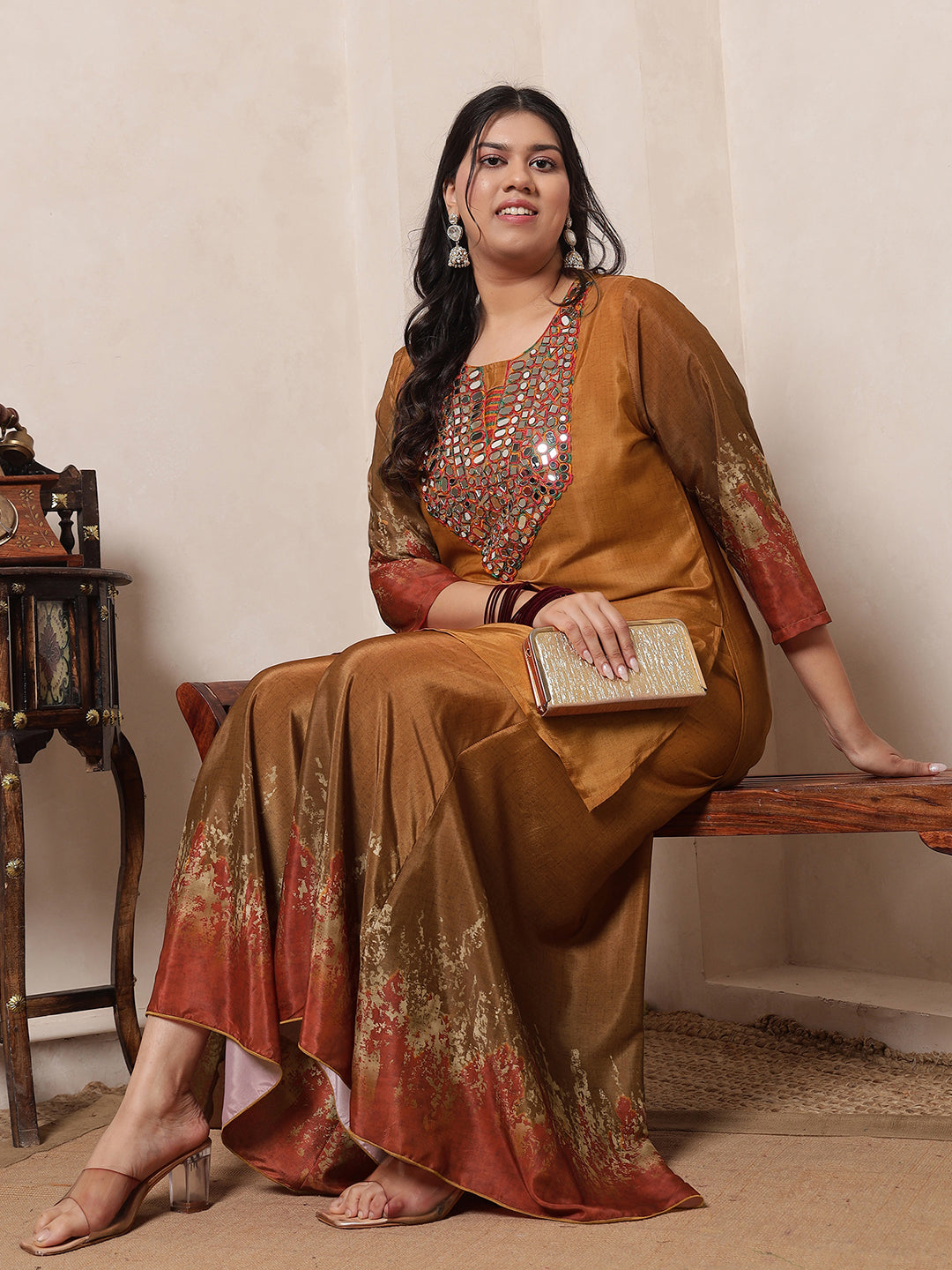 Mustard Printed Pure Muslin Indo Western Women Plus Size Co-ord Set