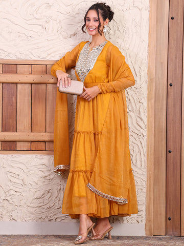 Embroidered Mustard Tiered Maxi Dress With Dupatta For Women