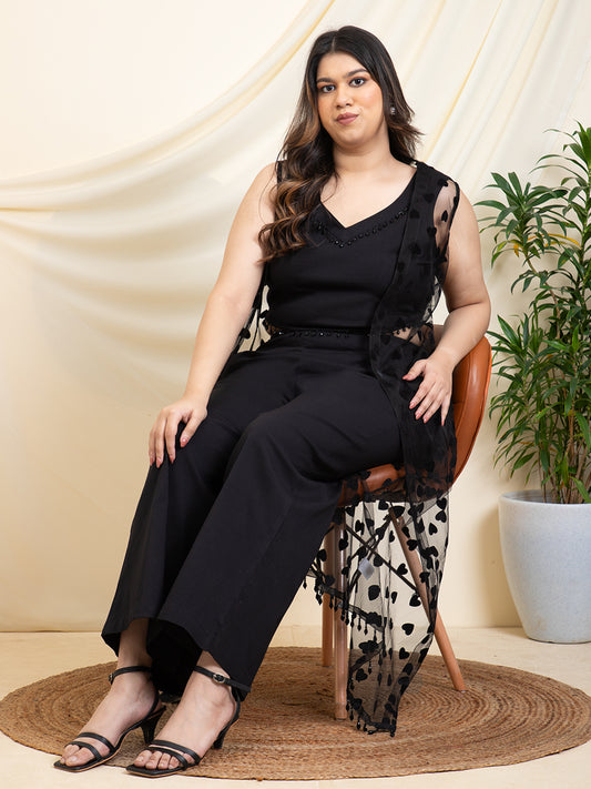 Black Inner Top Pants With Heart Black Shrug Women Plus Size 3 Piece Set