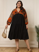 Women's Plus Size Tropical Printed With Black Tiered Dress